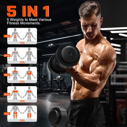 110(55Lb*2) 5 in 1 Adjustable Dumbbell 55LB Set of 2 Adjustable Free Weights Plates , 1 Sec Fast Change Weights with Anti-Slip Handle, 5 Weight Options for Full Body Workout Suitable Men/Women
