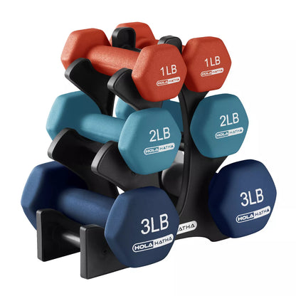 Holahatha 1, 2, and 3 Pound Neoprene Dumbbell Weight Set with Storage Rack Stand, Ideal Strength Training Home Gym Workout Equipment for Muscle Toning