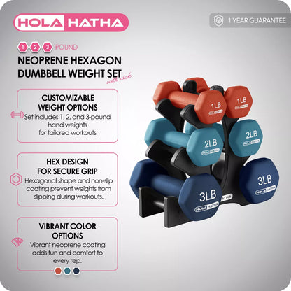 Holahatha 1, 2, and 3 Pound Neoprene Dumbbell Weight Set with Storage Rack Stand, Ideal Strength Training Home Gym Workout Equipment for Muscle Toning
