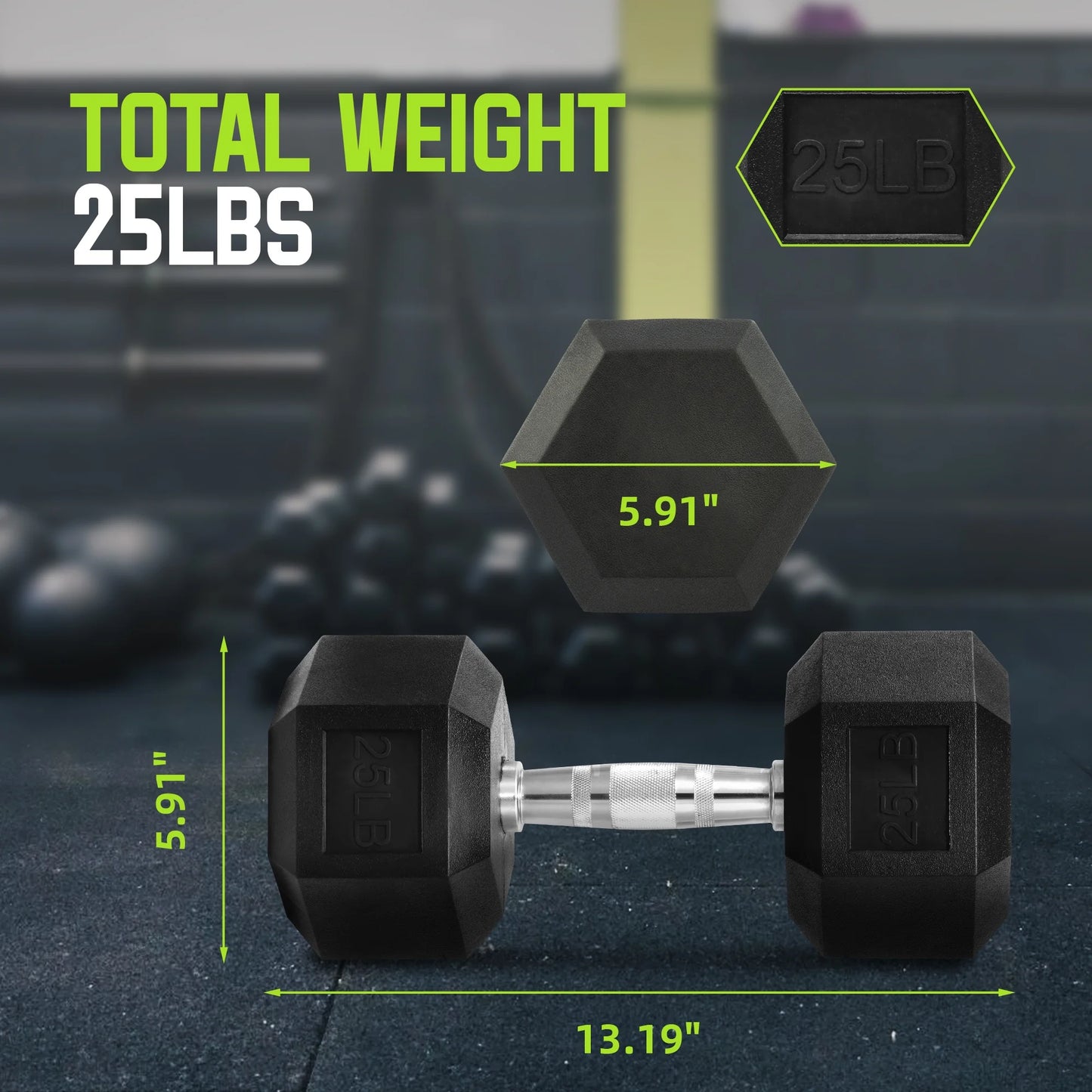 Rubber Encased Hex Dumbbell, 25Lbs, Single