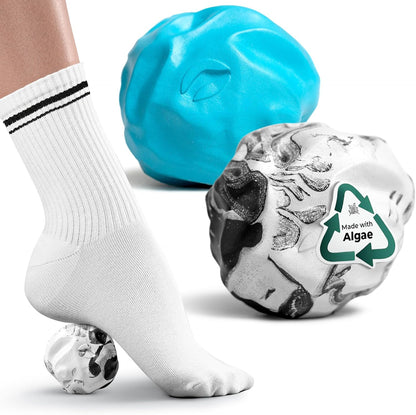 Wave Massage Ball Roller – Textured Lacrosse Ball for Plantar Fasciitis Relief, Muscle Knot Therapy, Myofascial Release – Travel Size for Feet Pain (Black Marbled and Miami Blue) Pack of 2