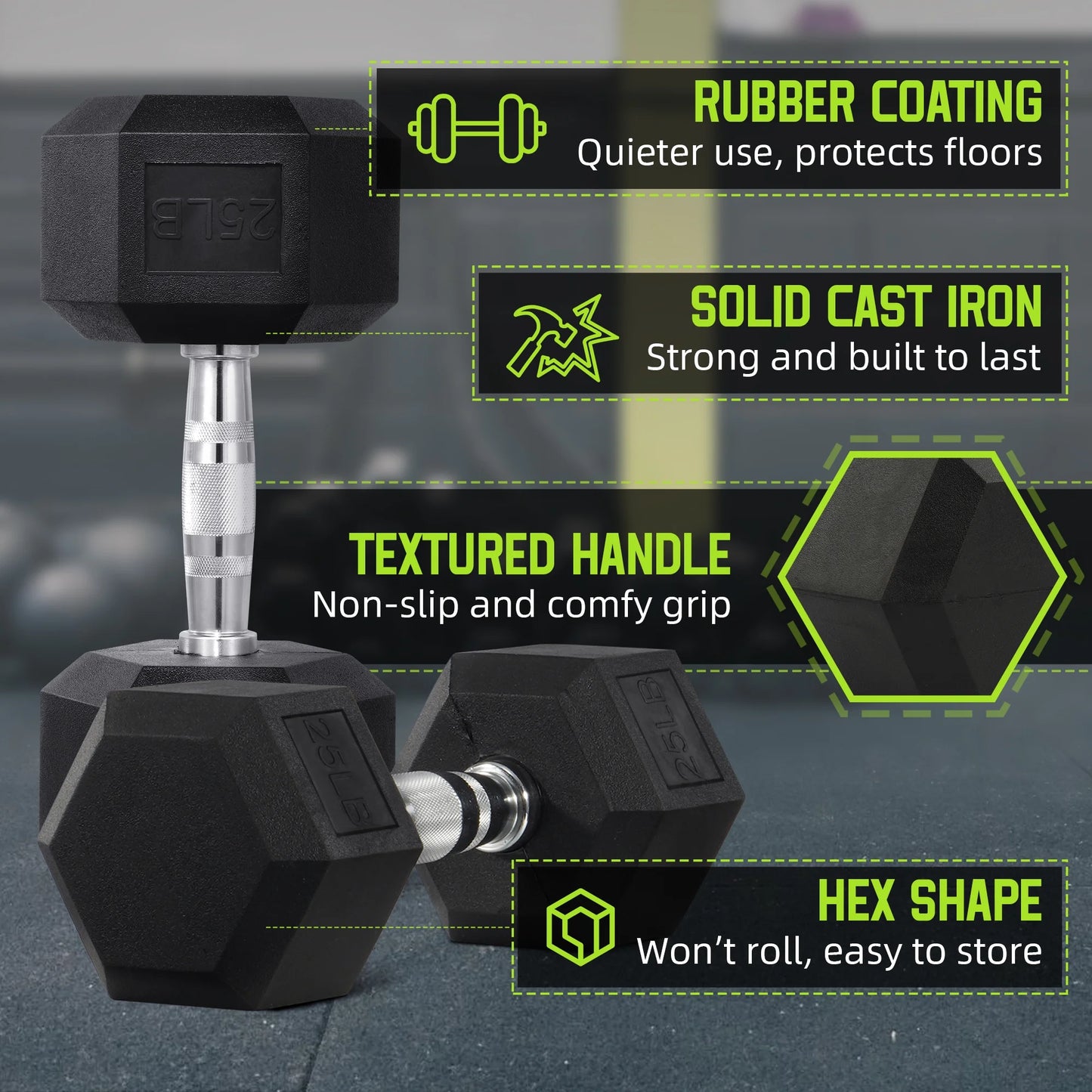 Rubber Encased Hex Dumbbell, 25Lbs, Single