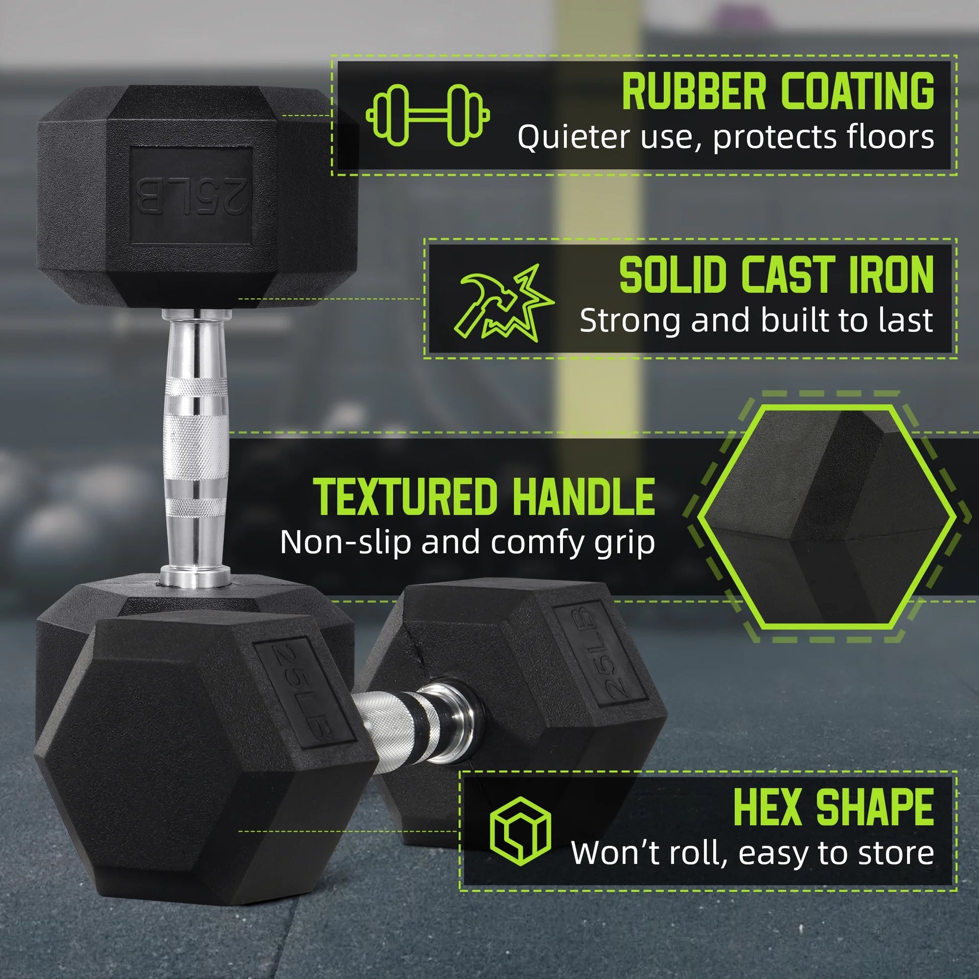 Rubber Encased Hex Dumbbell, 25Lbs, Single