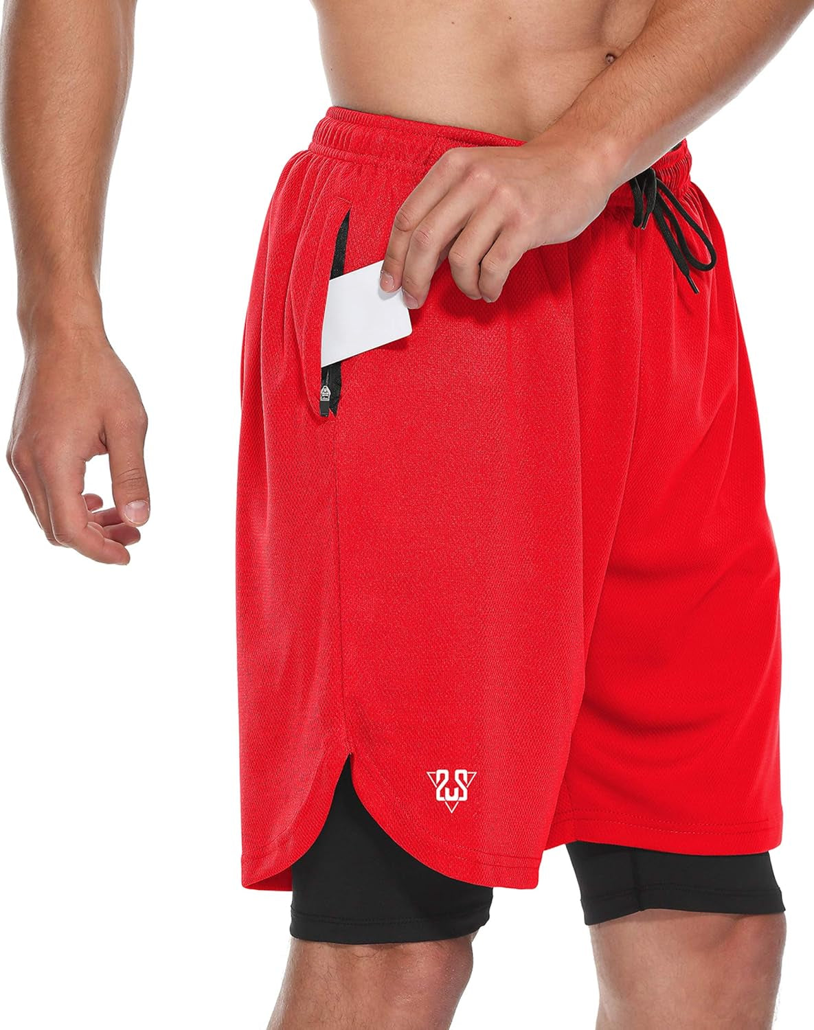 Mens 2 in 1 Running Shorts Summer Training Gym Quick Dry Workout Shorts with Pocket&Headphone Hole