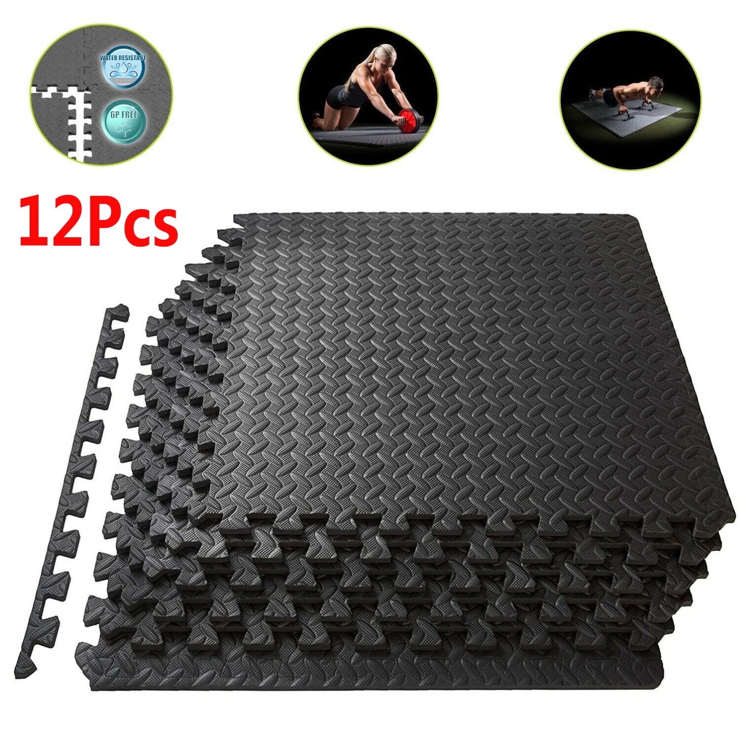 Interlocking Foam Flooring EVA Exercise Protective Flooring 12-Tile Fitness Mat Black