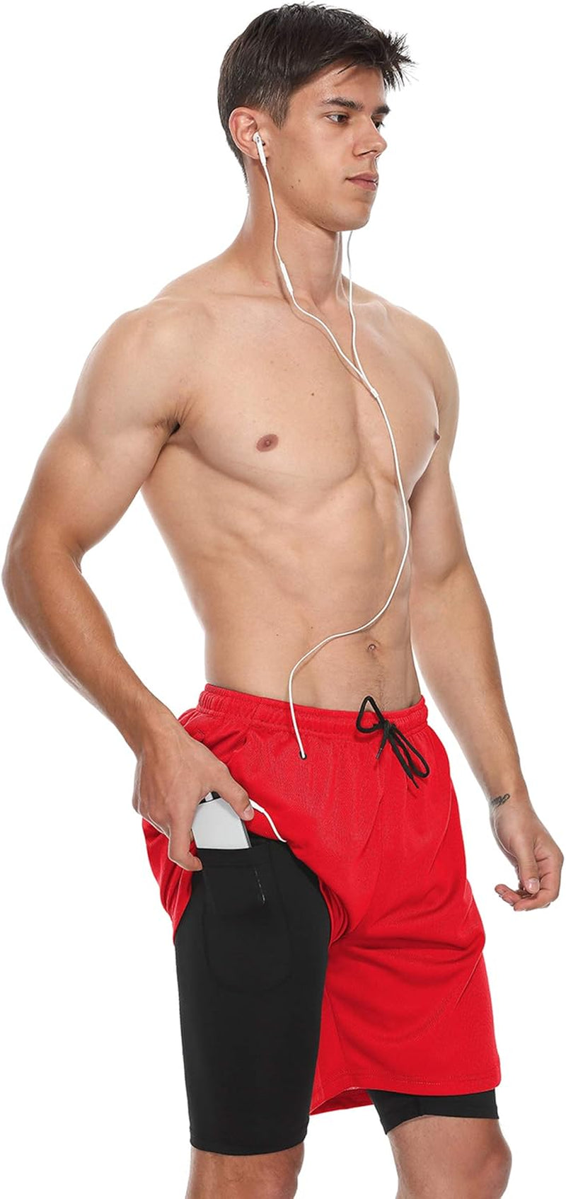 Mens 2 in 1 Running Shorts Summer Training Gym Quick Dry Workout Shorts with Pocket&Headphone Hole
