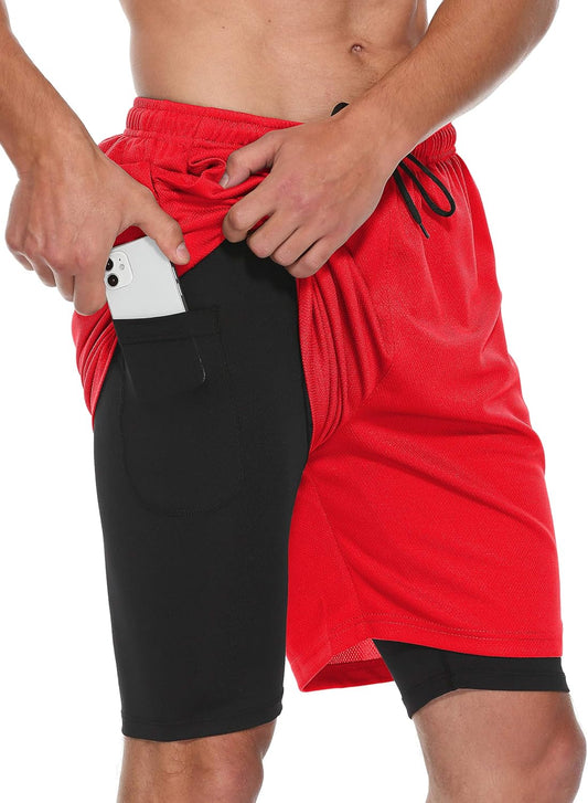 Mens 2 in 1 Running Shorts Summer Training Gym Quick Dry Workout Shorts with Pocket&Headphone Hole
