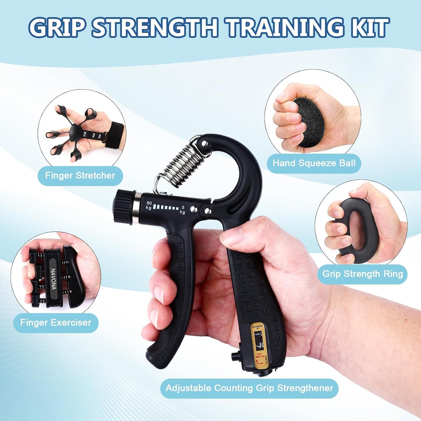 5 PCS Grip Strength Trainer Kit, Hand Gripper Strengthener, Forearm Strengthener