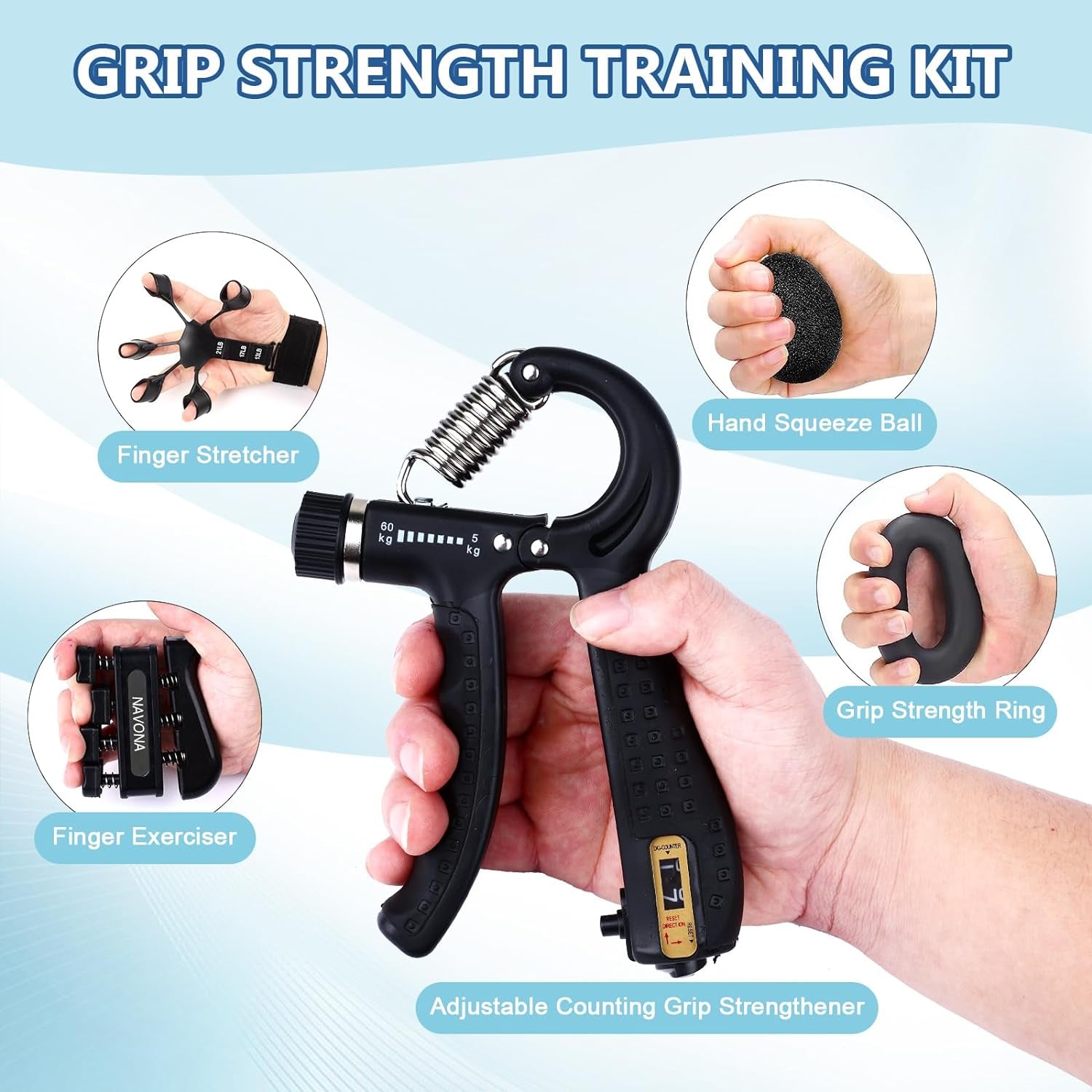 5 PCS Grip Strength Trainer Kit, Hand Gripper Strengthener, Forearm Strengthener