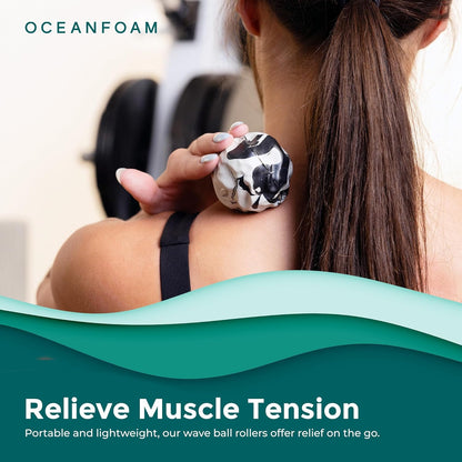 Wave Massage Ball Roller – Textured Lacrosse Ball for Plantar Fasciitis Relief, Muscle Knot Therapy, Myofascial Release – Travel Size for Feet Pain (Black Marbled and Miami Blue) Pack of 2