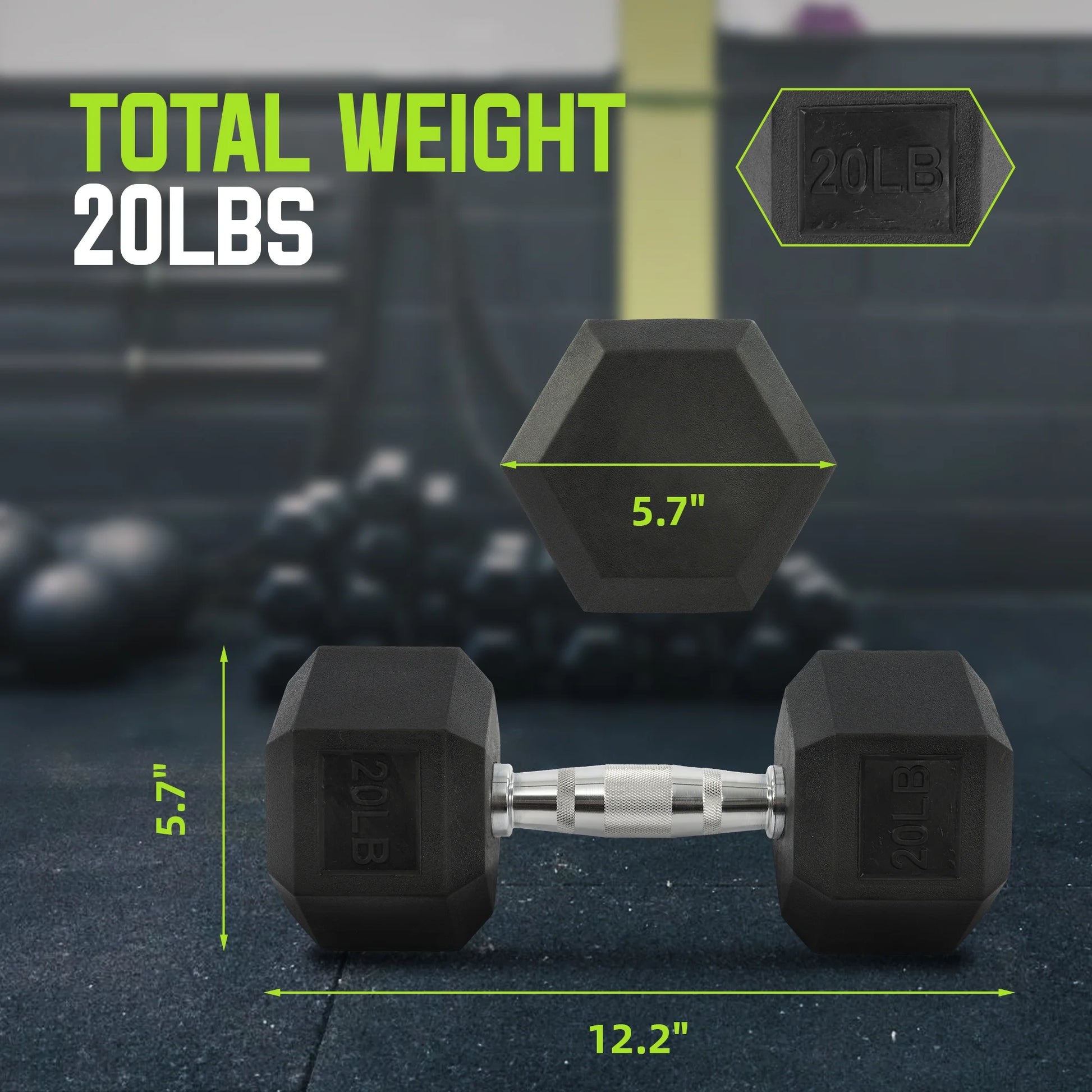 Rubber Encased Hex Dumbbell, 20 Lb, Single, Black