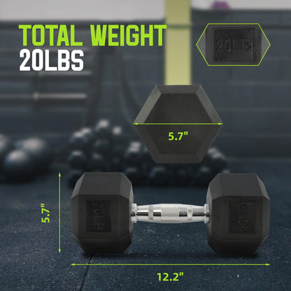 Rubber Encased Hex Dumbbell, 20 Lb, Single, Black
