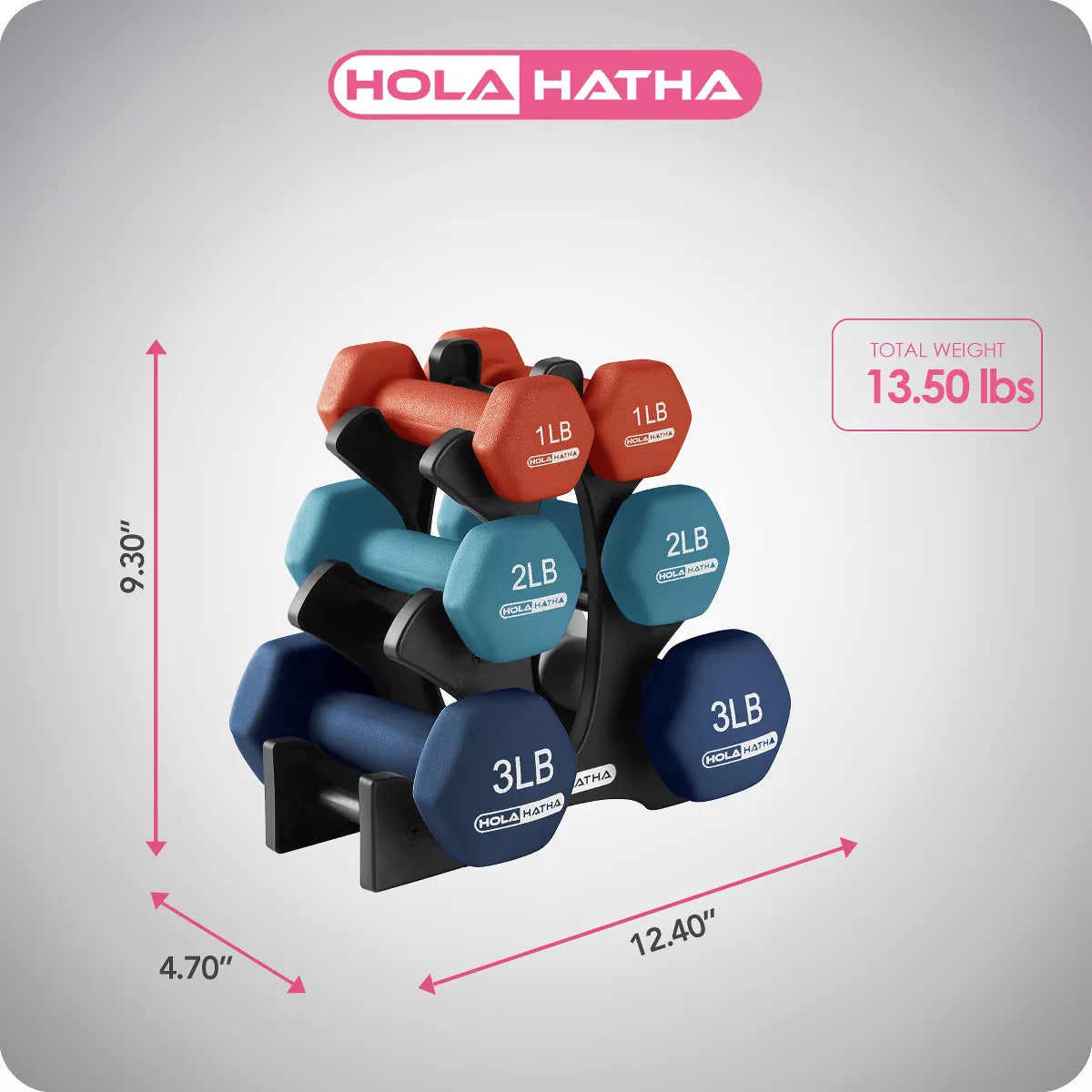 Holahatha 1, 2, and 3 Pound Neoprene Dumbbell Weight Set with Storage Rack Stand, Ideal Strength Training Home Gym Workout Equipment for Muscle Toning
